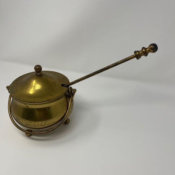 Vintage Solid Brass 3 Footed Fireplace Smudge Pot with Lid - Picture 3 of 8